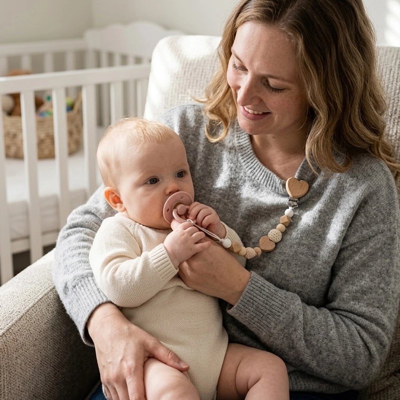 Maman avec son bébé et Attache tetine accroché