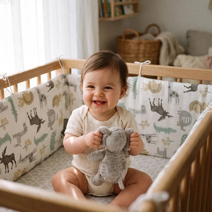 bébé assis dans son lit entourer avec Tour de lit bebe
