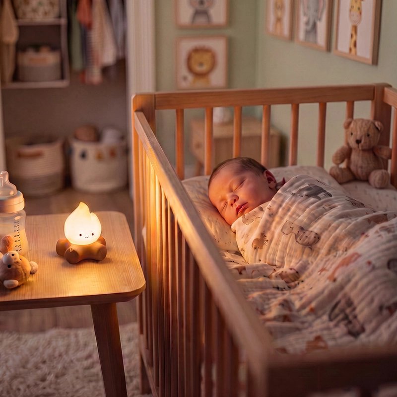 bébé dans son lit a coté Veilleuse bruit blanc