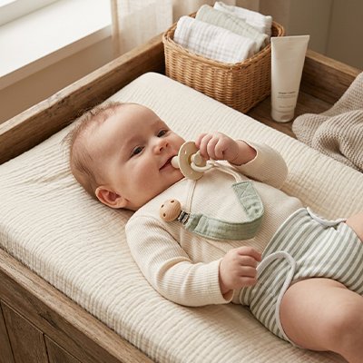 bébé joue et Attache tétine accrochée sur ces vêtements 