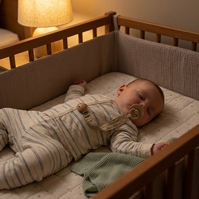 bébé qui dort dans son lit et l'Attache tetine accrochés sur ces vêtements