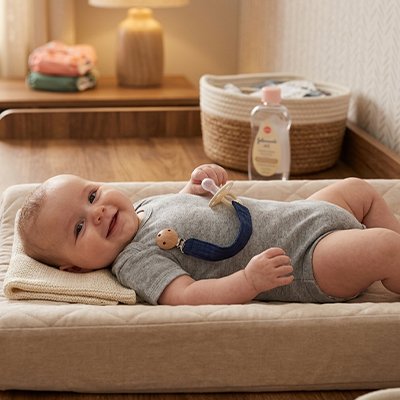 bébé souri porte une Attache tetine
