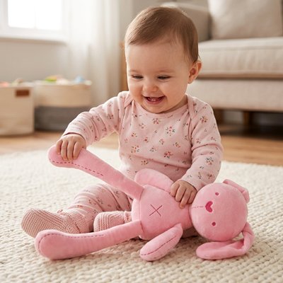 Doudou lapin rose avec bébé