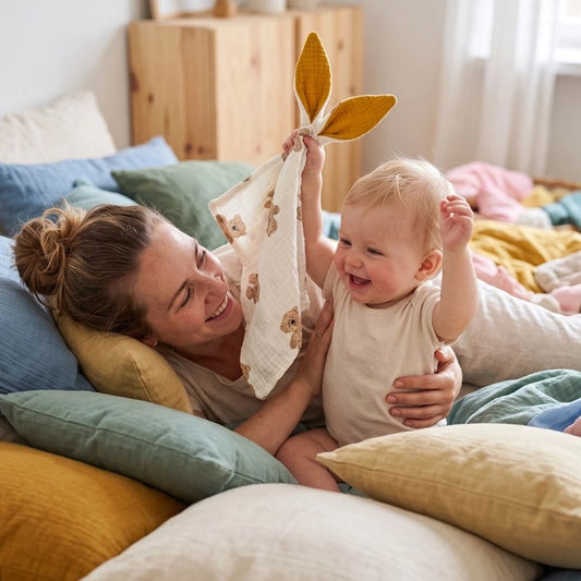 bébé porte son Doudou à la main a coté de sa maman