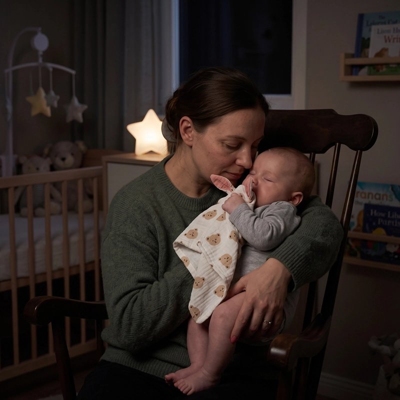 bébé porte son Doudou à la main et dort a coté de sa maman