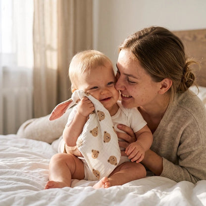bébé porte son Doudou à la main prêt de sa maman