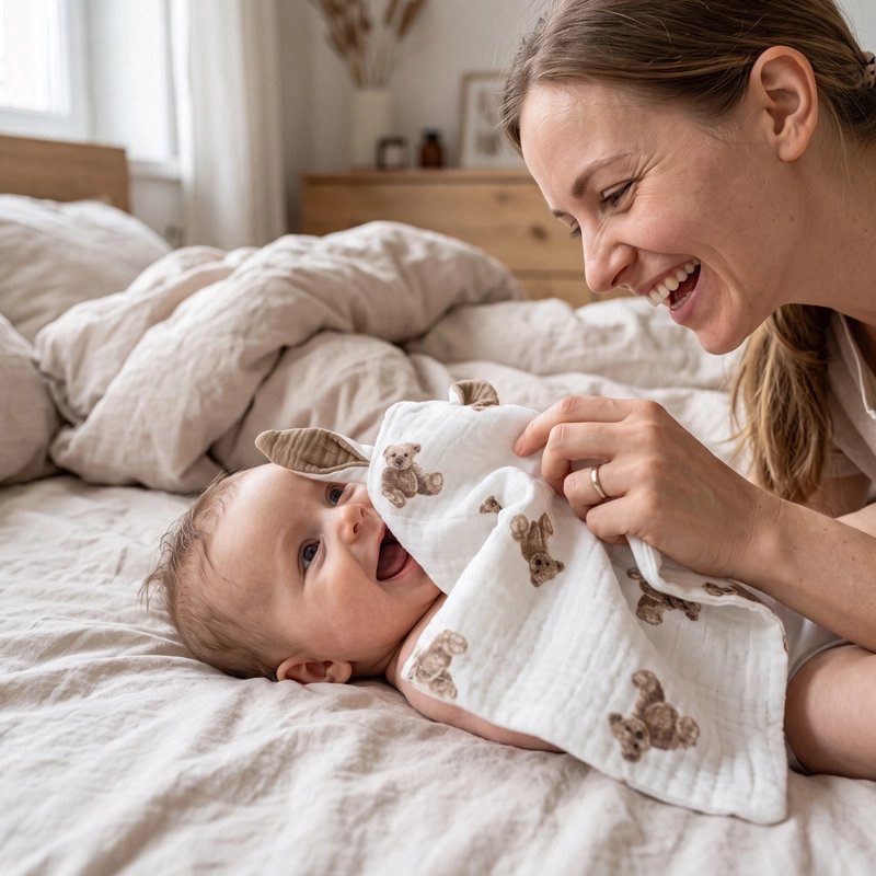 bébé porte son Doudou à la main joue avec sa maman