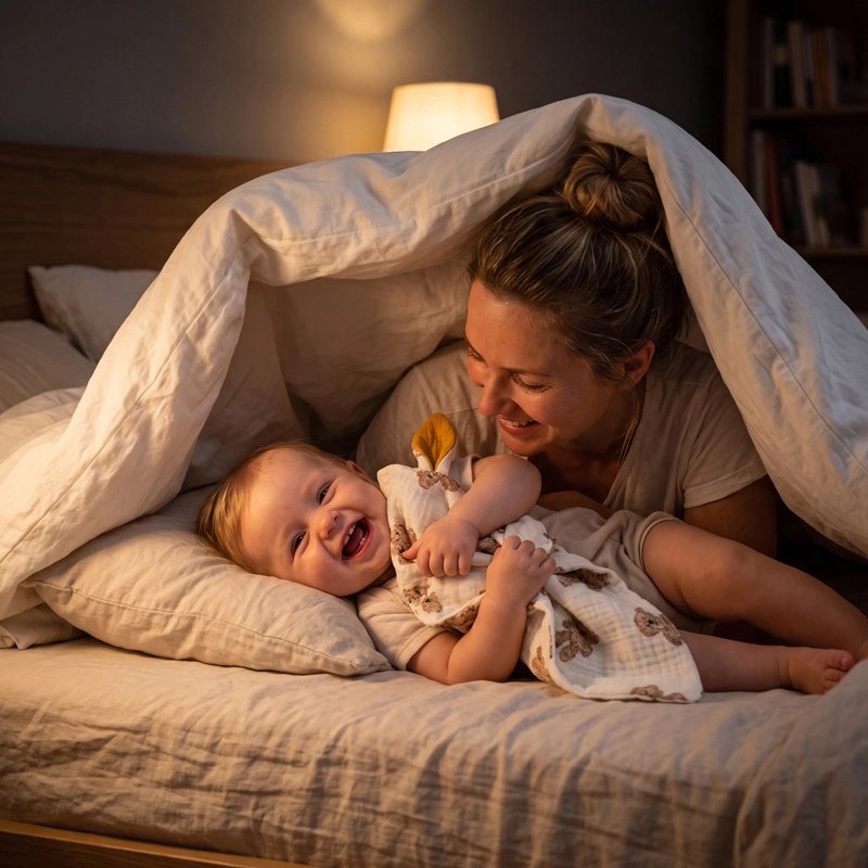 bébé fait câlin à son Doudou a coté de sa maman