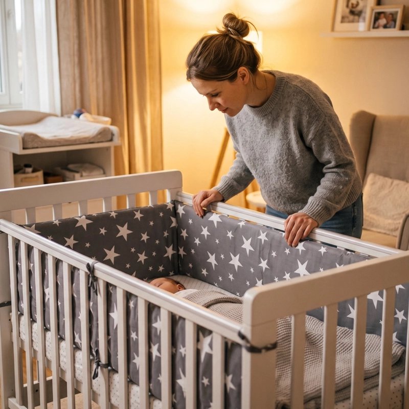 Maman devant le lit de son bébé protéger par Tour de lit
