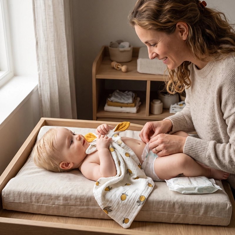 maman joue avec bebe qui joue avec  Doudou bebe