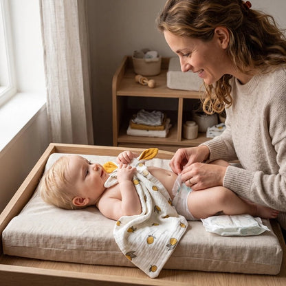 maman joue avec bebe qui joue avec  Doudou bebe