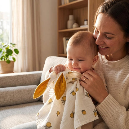 maman porte son bebe qui joue avec Doudou bebe
