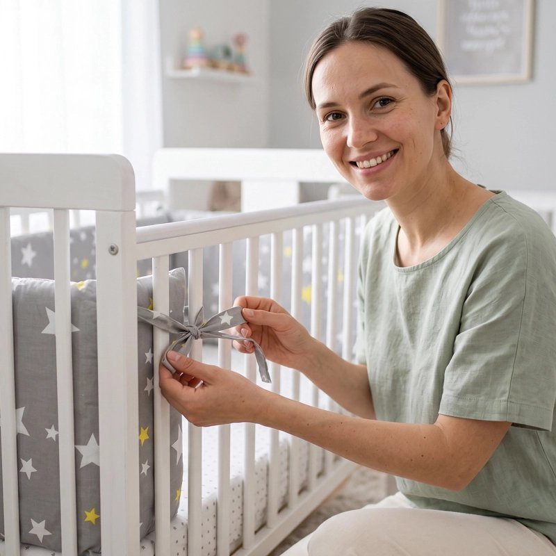 maman prépare le Tour de lit de son bébé