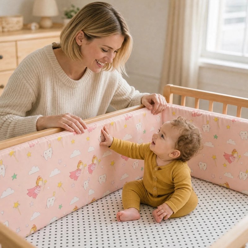 maman regarde bébé dans son lit avec Tour de lit