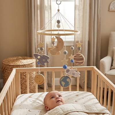 Mobile bébé inspirée de l'univers avec planètes, fusée, lune, étoiles et astronaute pour stimuler l'imagination 