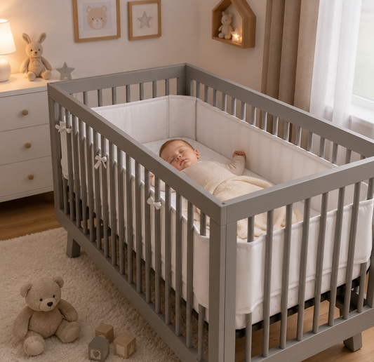 bébé qui dort dans son lit entourer avec réducteur de lit bébé blanc