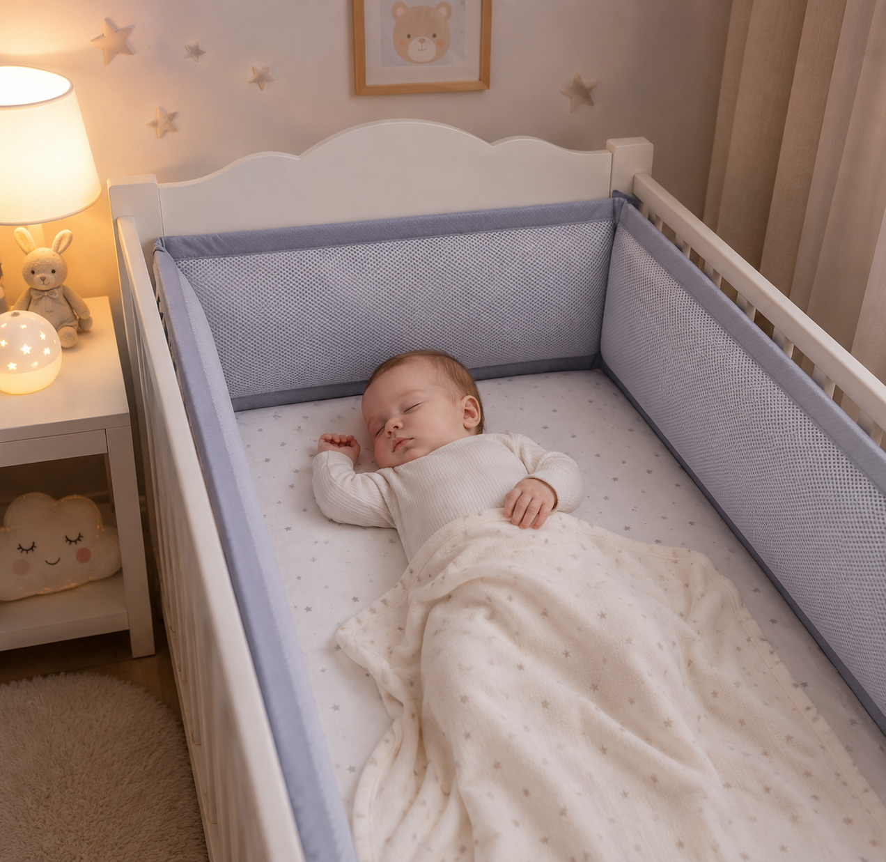 bébé dorme dans son lit entourer avec réducteur de lit bébé gris