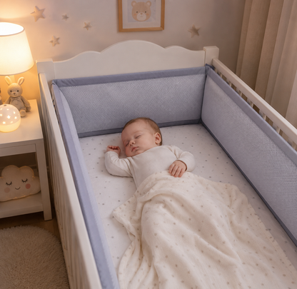 bébé dorme dans son lit entourer avec réducteur de lit bébé gris