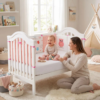 maman joue avec son bébé dans son lit entourer par tour de lit bébé hibou rose et blanc