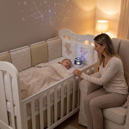 maman assis à coté son bébé qui dort dans son lit entourer par tour de lit bébé ours et veilleuse projetion 