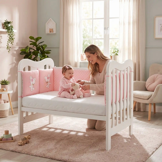 maman joue avec son bébé dans son lit entourer par tour de lit bébé rose