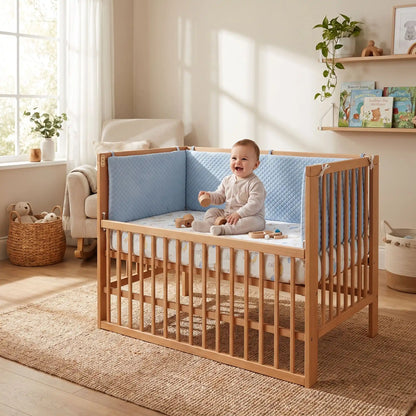 bébé joue sur son lit entourer par tour de lit bébé bleu
