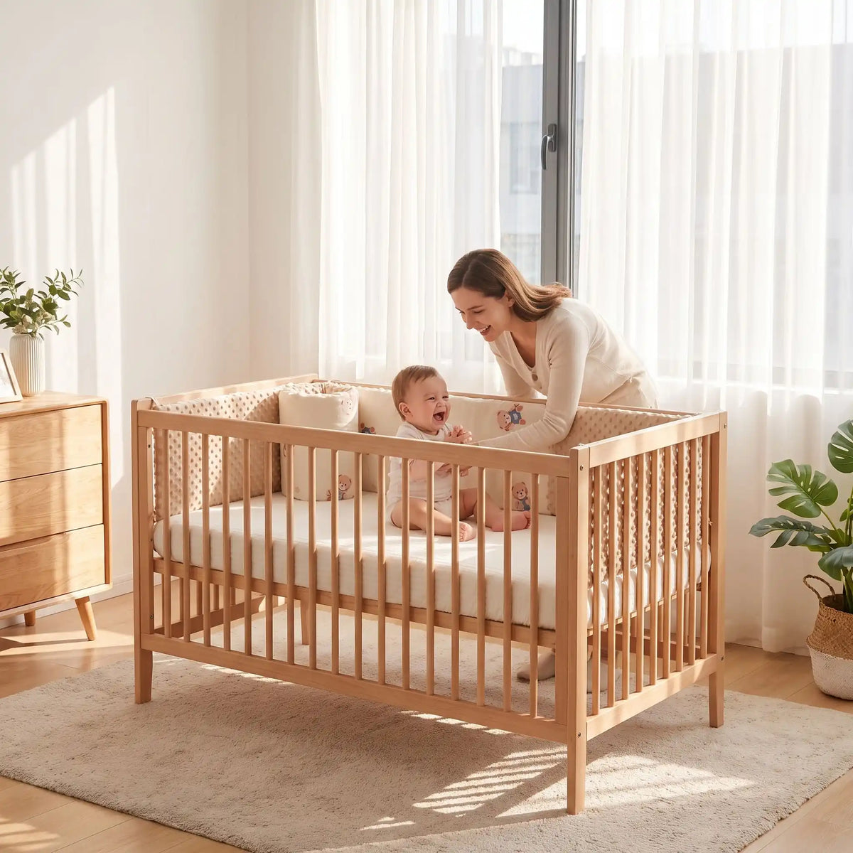 maman joue avec bébé dans son lit entourer par tour de lit bébé 