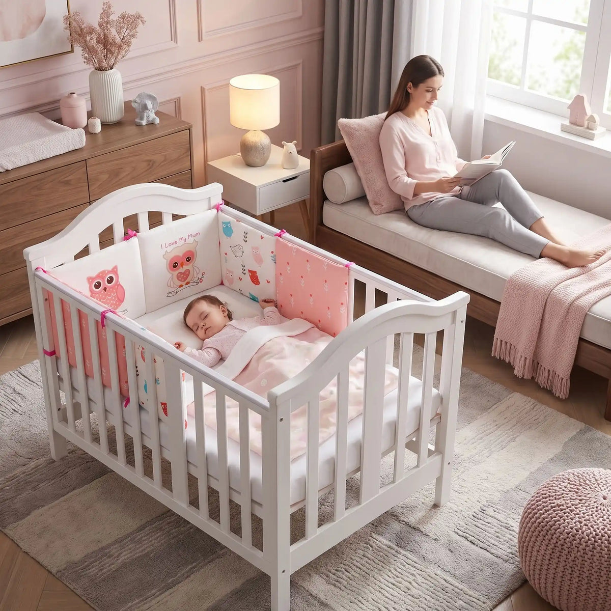 maman lit a coté son bébé qui dort dans son lit entourer par tour de lit bébé hibou